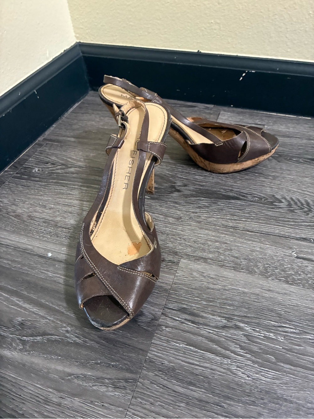 Marc Fisher Brown Leather Peep-Toe Slingback Wedges with Cork Heel